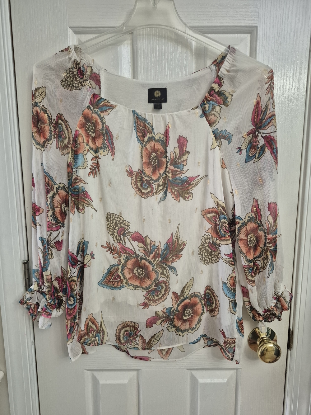 JM Collection White Blouse with Coral, Teal and Gold Floral Print